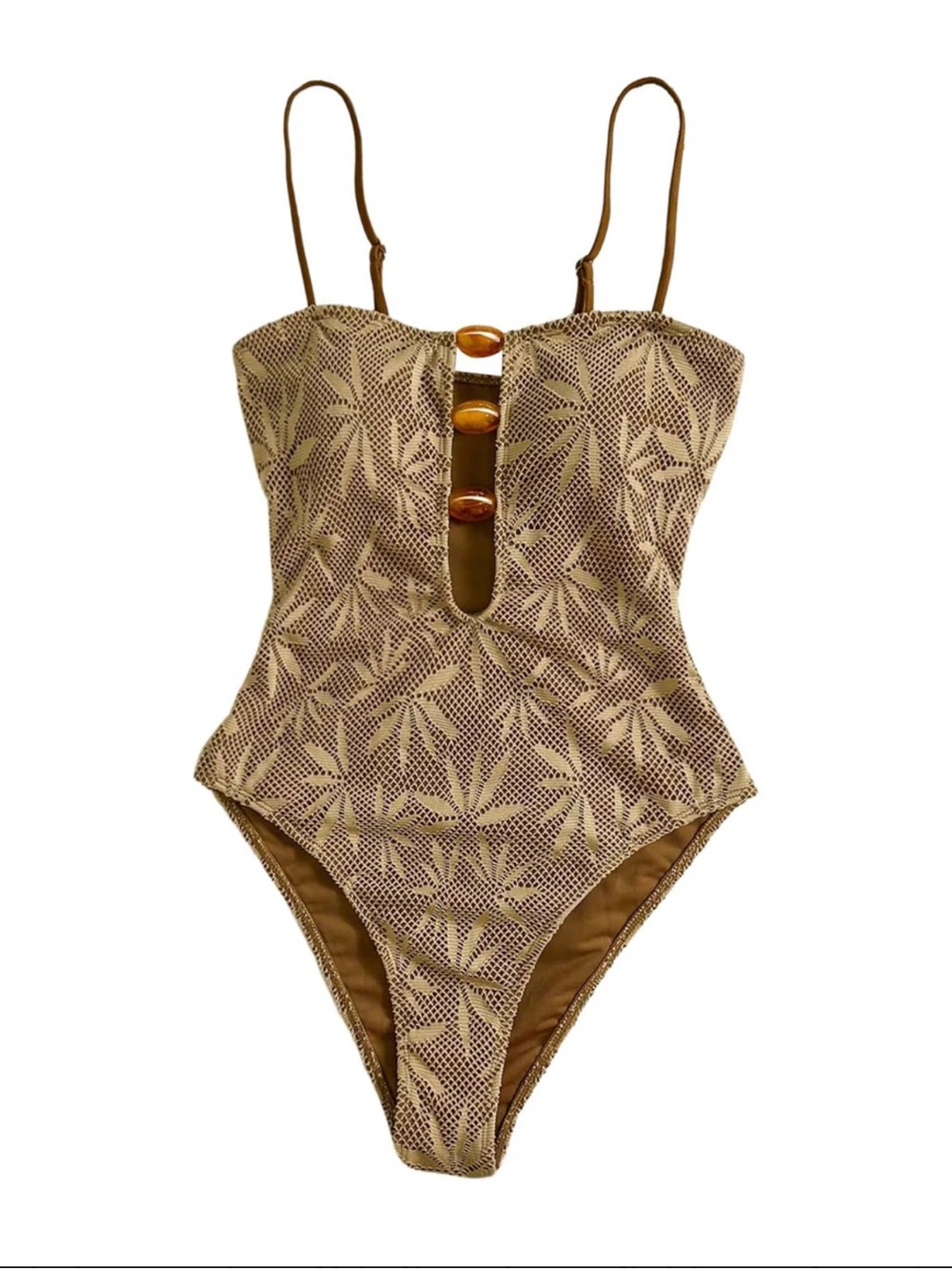 Amazon Brown Patterned One-Piece Swimsuit with Decorative Front Stones